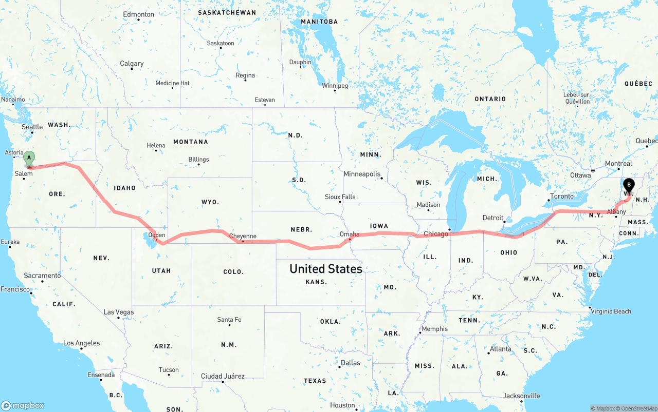Shipping route from Portland International Airport to Vermont