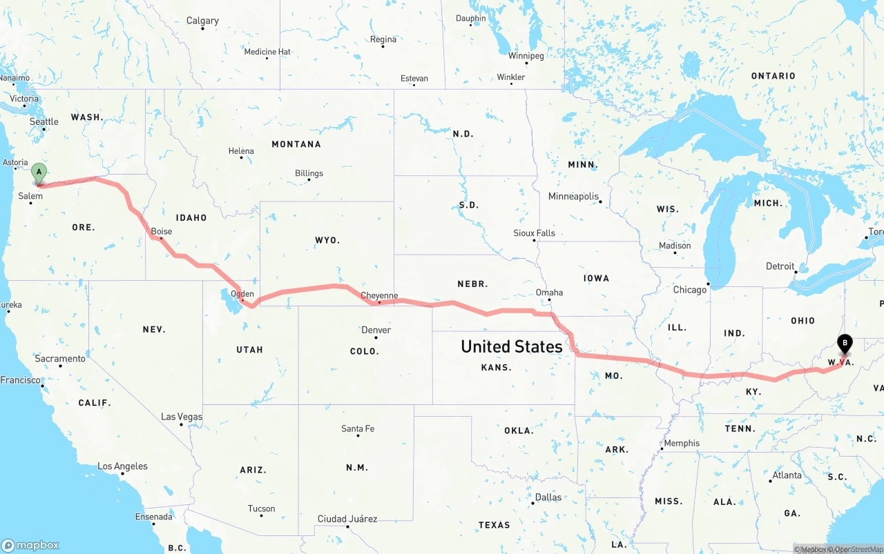 Shipping route from Portland International Airport to West Virginia