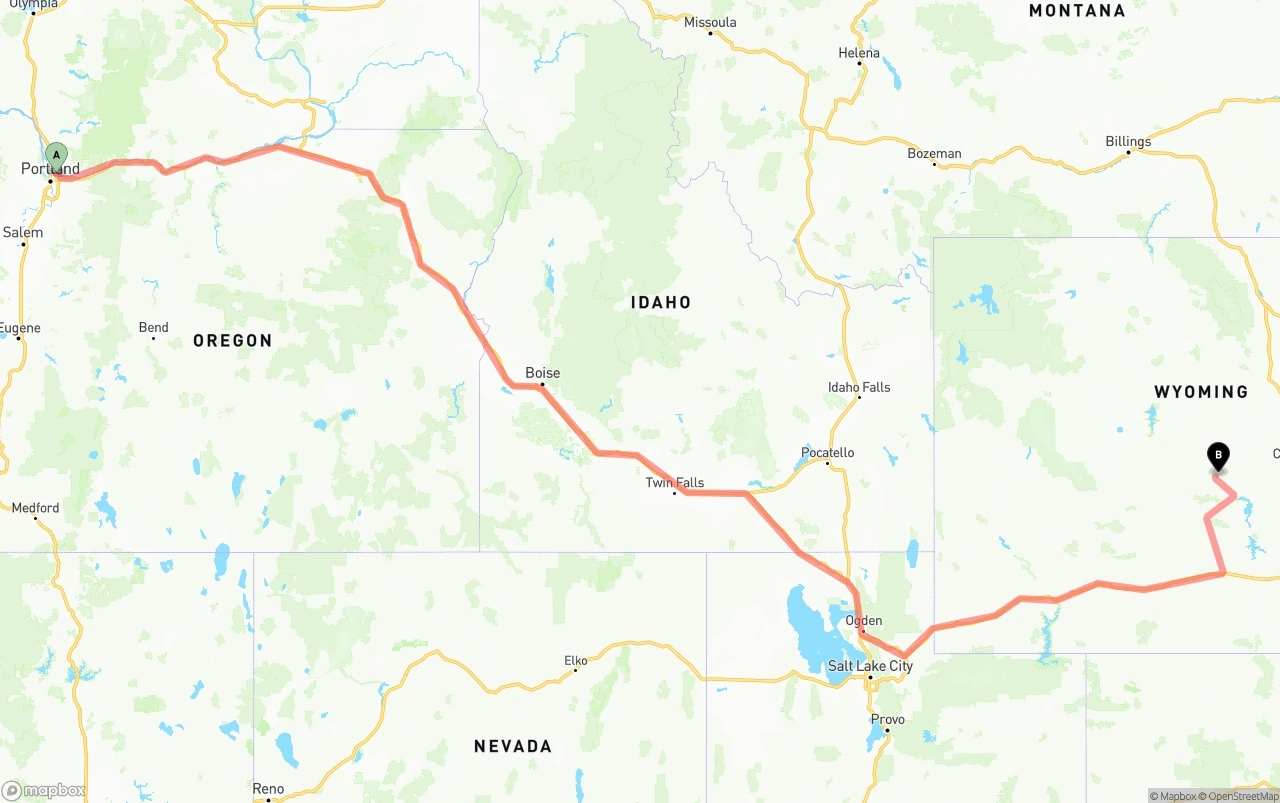 Shipping route from Portland International Airport to Wyoming