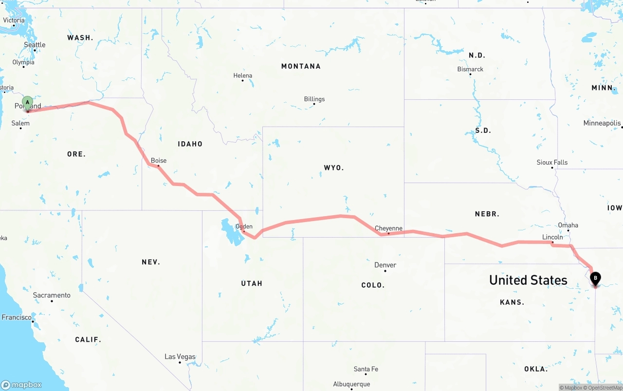 Shipping route from Portland to Kansas City