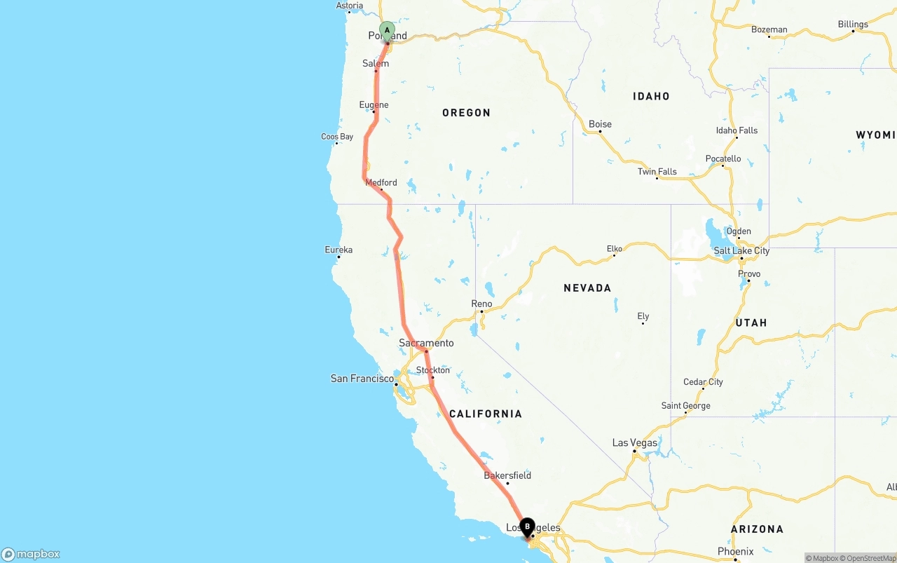 Shipping route from Portland to Los Angeles International Airport