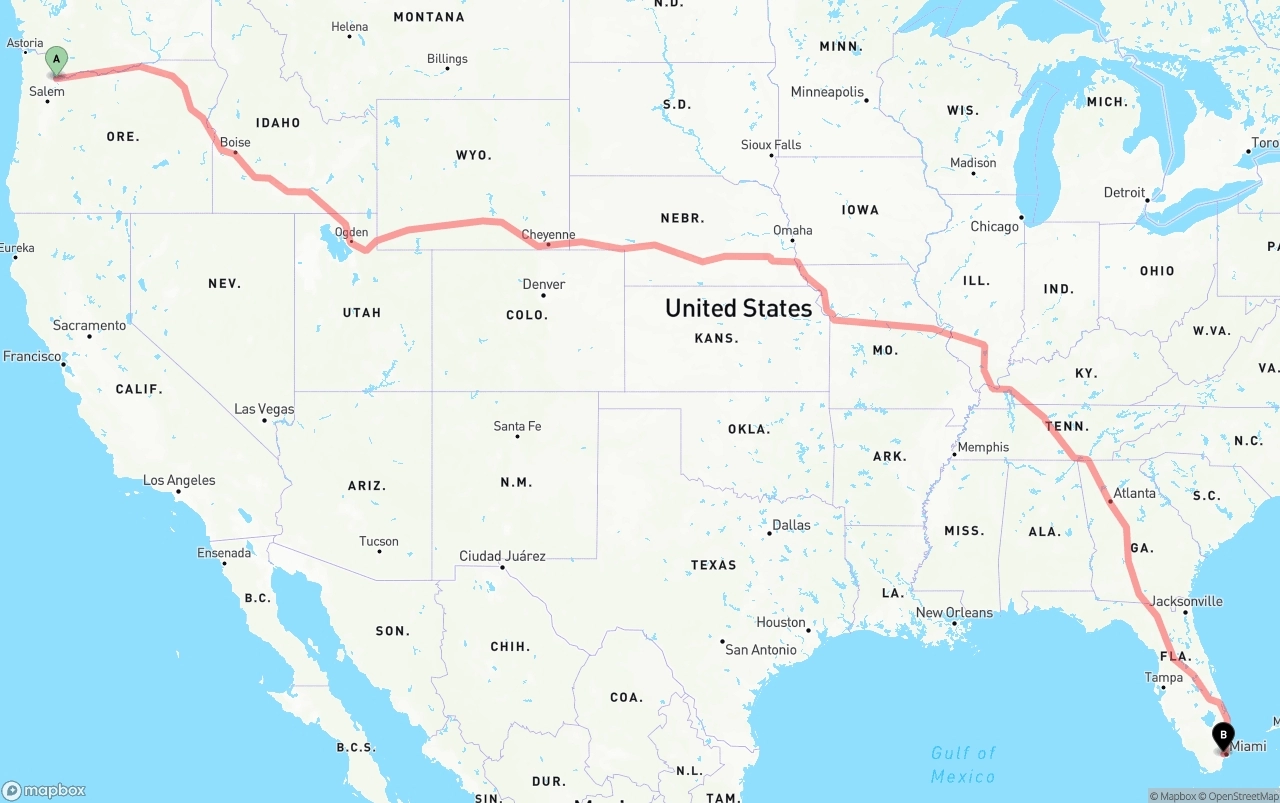 Shipping route from Portland to Miami International Airport
