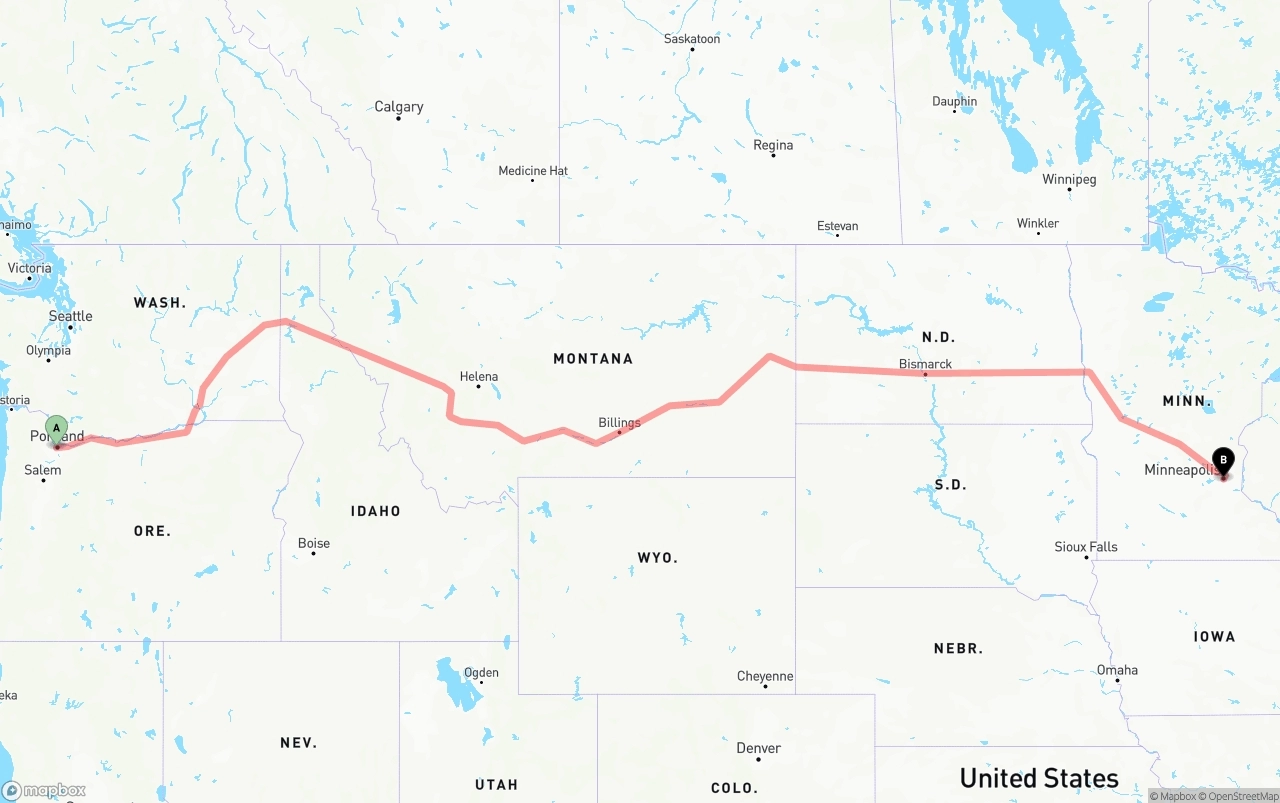 Shipping route from Portland to Minneapolis