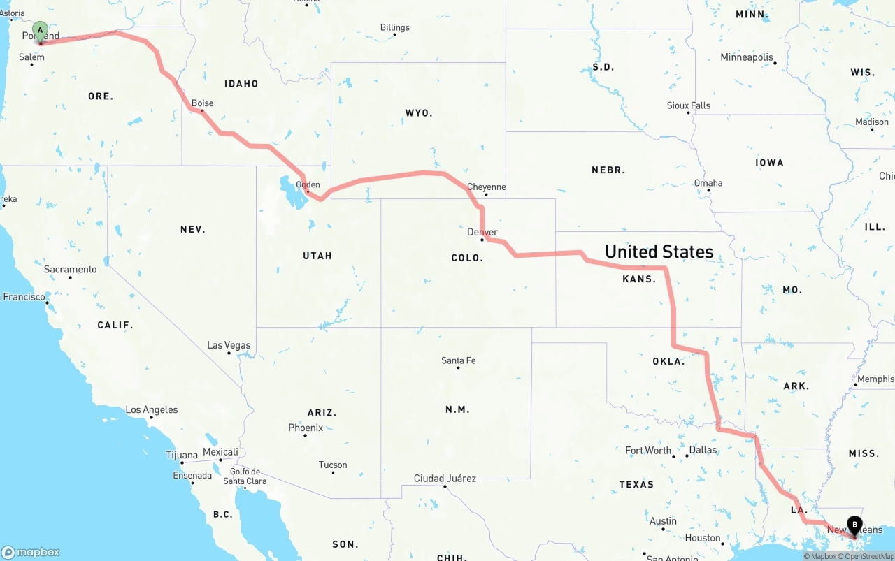 Shipping route from Portland to New Orleans