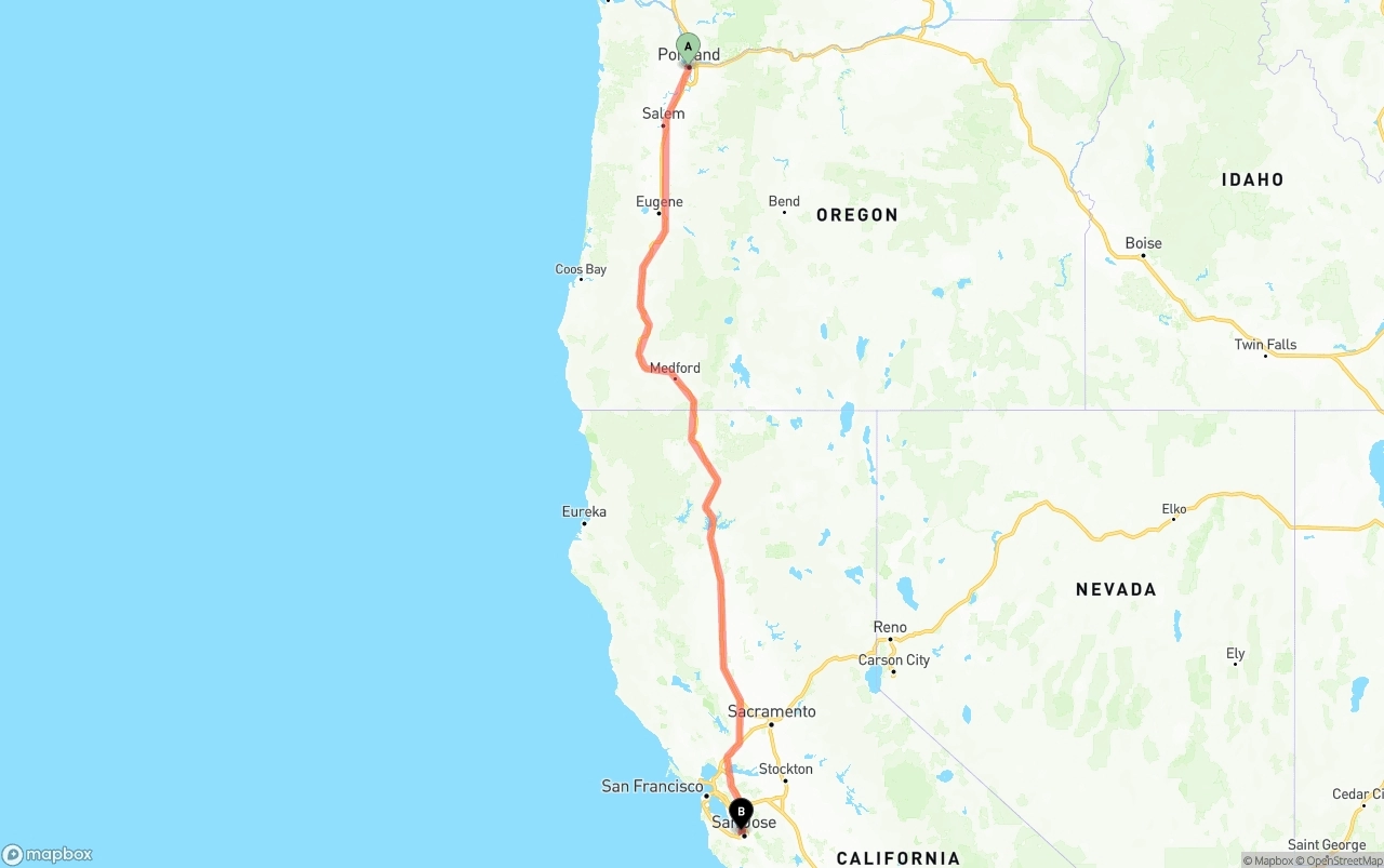 Shipping route from Portland to Norman Y. Mineta San Jose International Airport