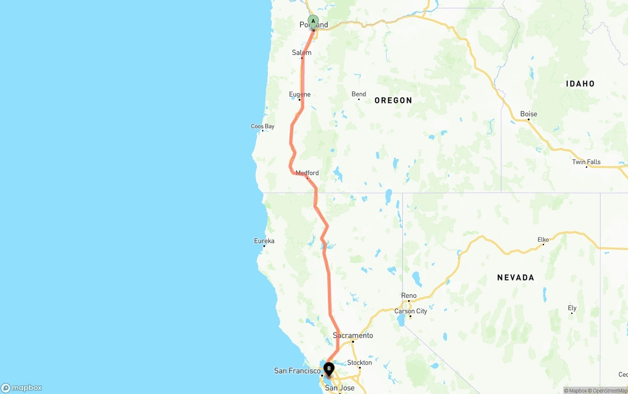 Shipping route from Portland to Oakland International Airport