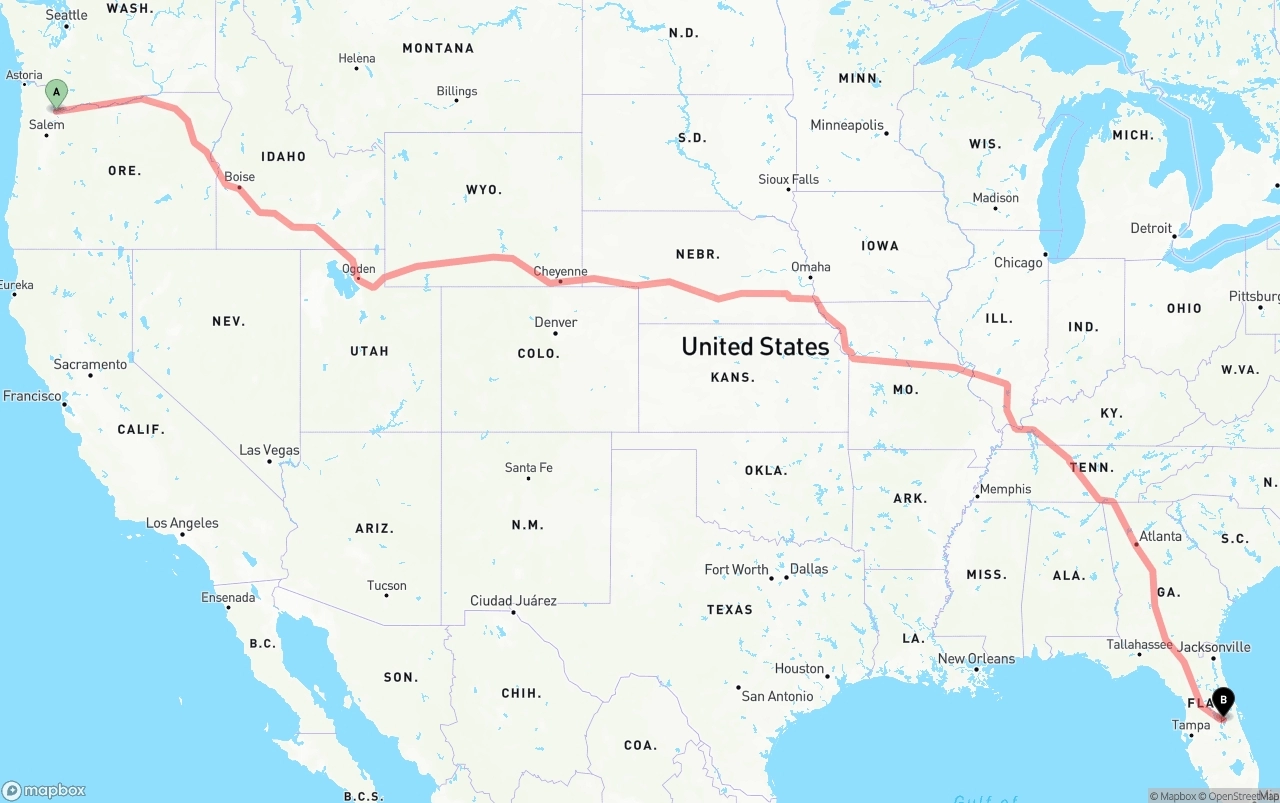 Shipping route from Portland to Orlando International Airport