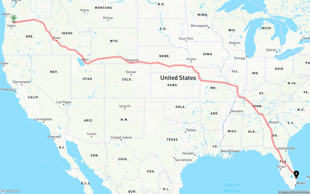 Shipping route from Portland to Palm Beach International Airport