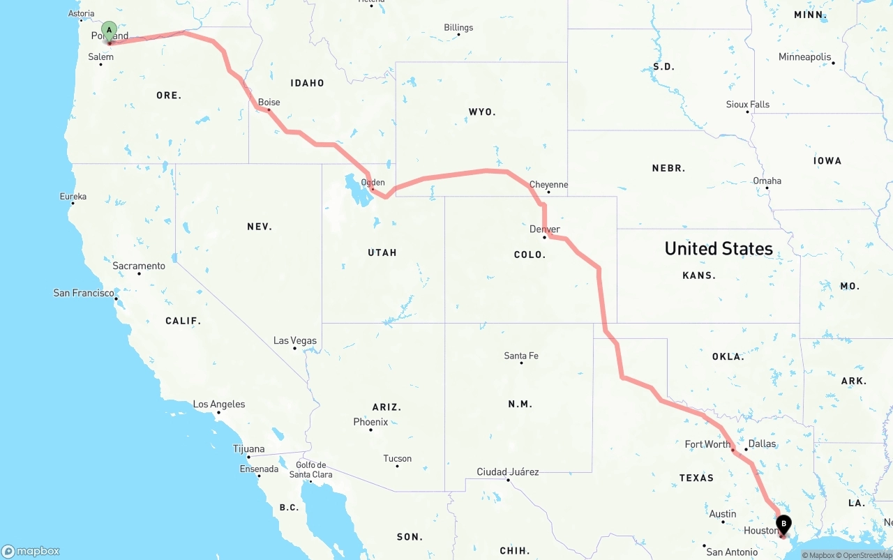 Shipping route from Portland to Port of Houston