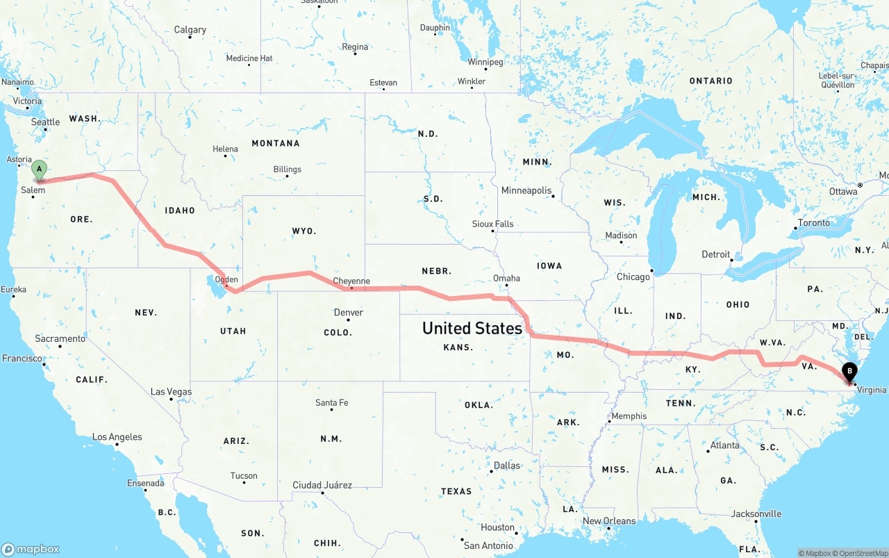 Shipping route from Portland to Port of Norfolk