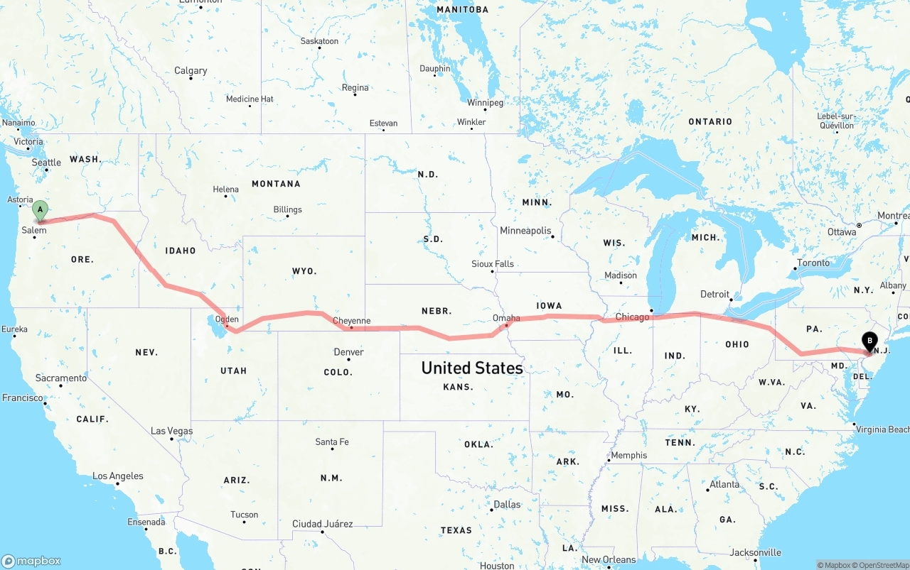 Shipping route from Portland to Port of Philadelphia