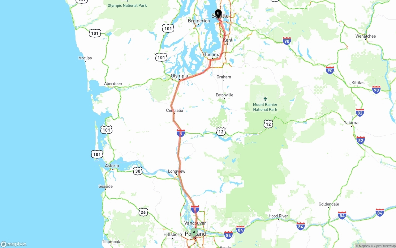 Shipping route from Portland to Port of Seattle