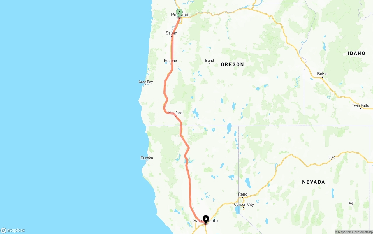 Shipping route from Portland to Sacramento