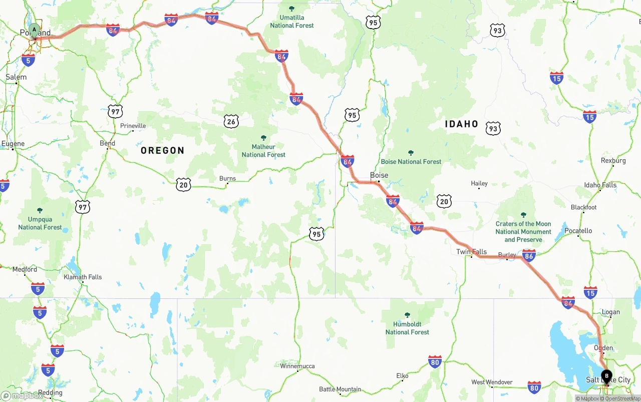 Shipping route from Portland to Salt Lake City