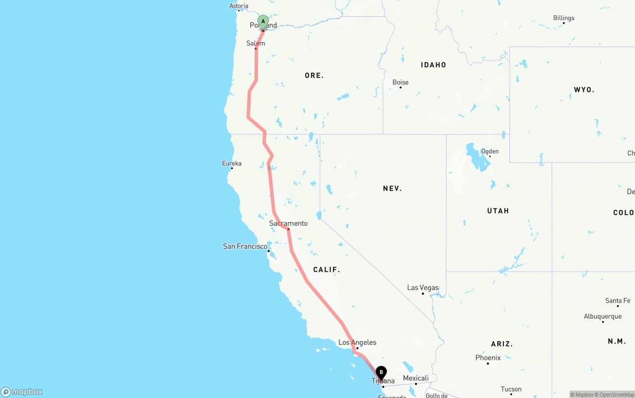 Shipping route from Portland to San Diego
