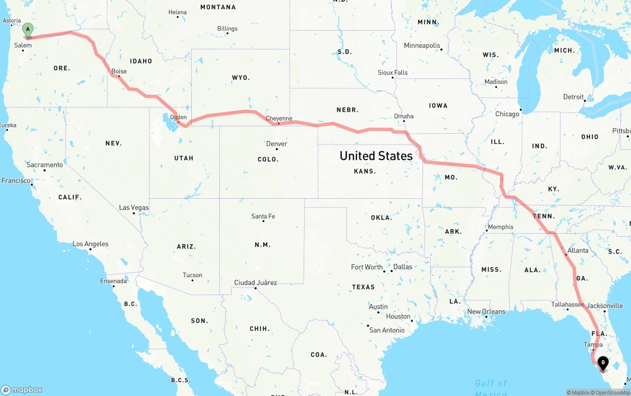 Shipping route from Portland to Southwest Florida International Airport