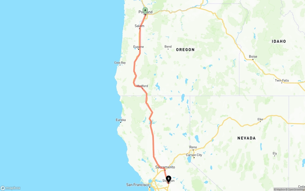 Shipping route from Portland to Stockton