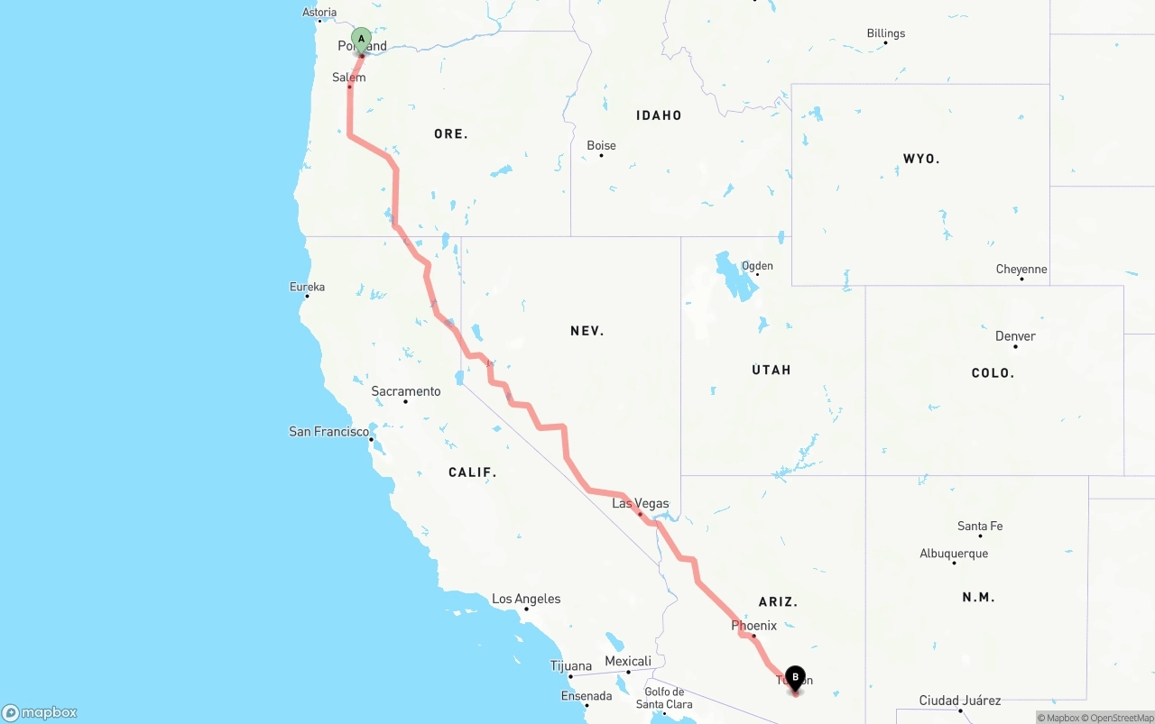 Shipping route from Portland to Tucson International Airport