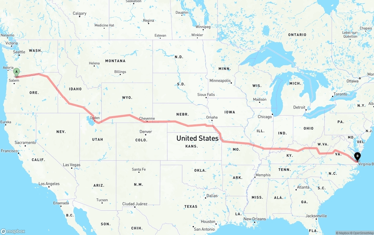 Shipping route from Portland to Virginia Beach