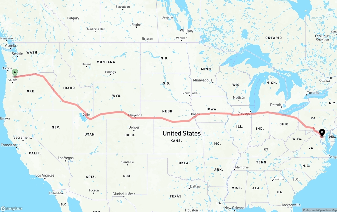 Shipping route from Portland to Washington D.C.