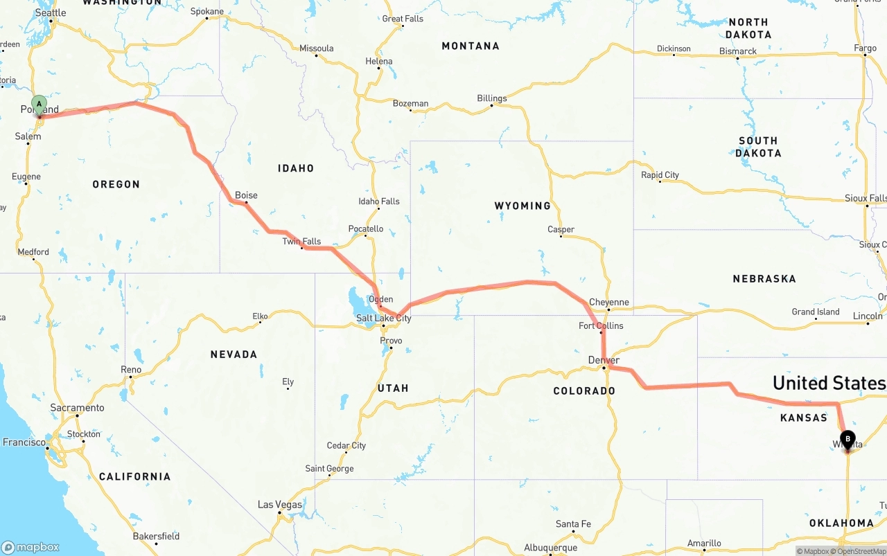 Shipping route from Portland to Wichita