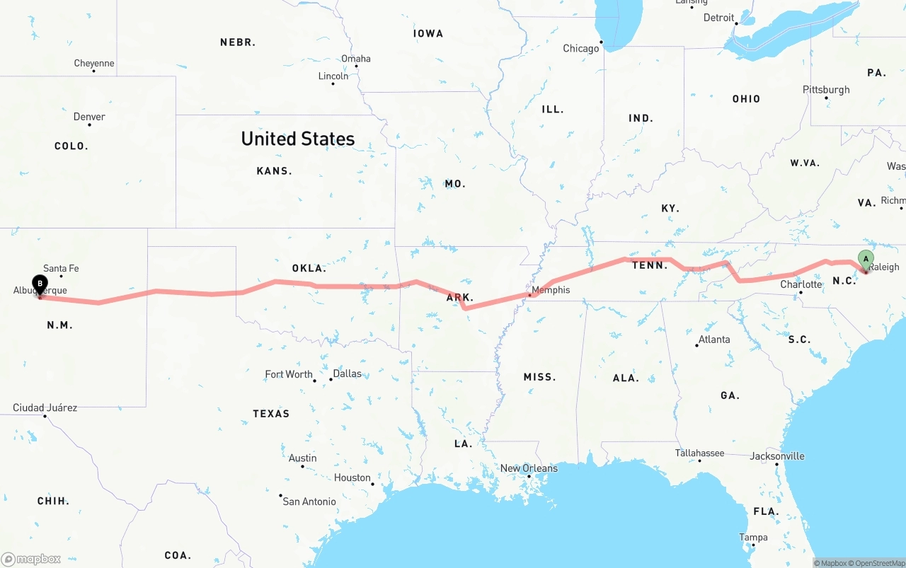 Shipping route from Raleigh to Albuquerque