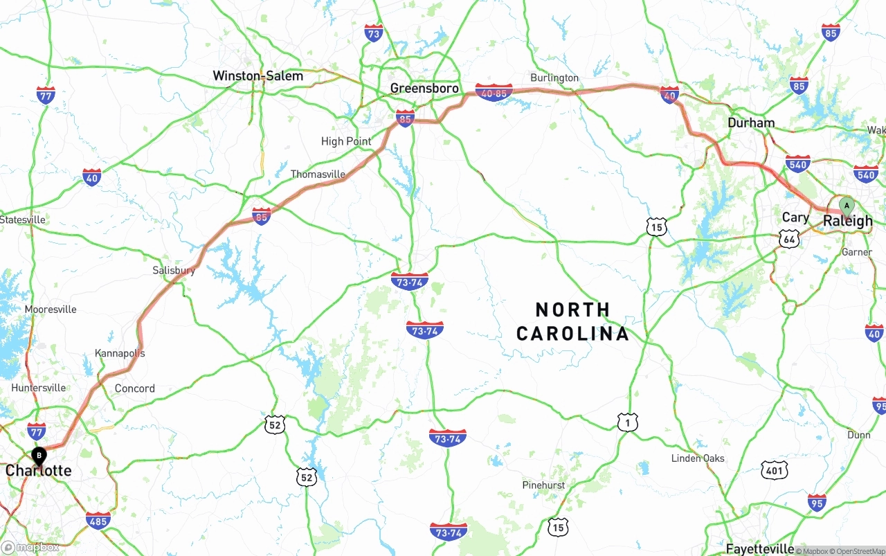 Shipping route from Raleigh to Charlotte