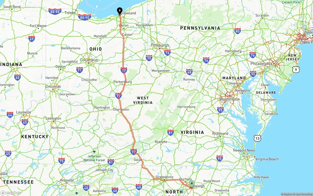 Shipping route from Raleigh to Cleveland