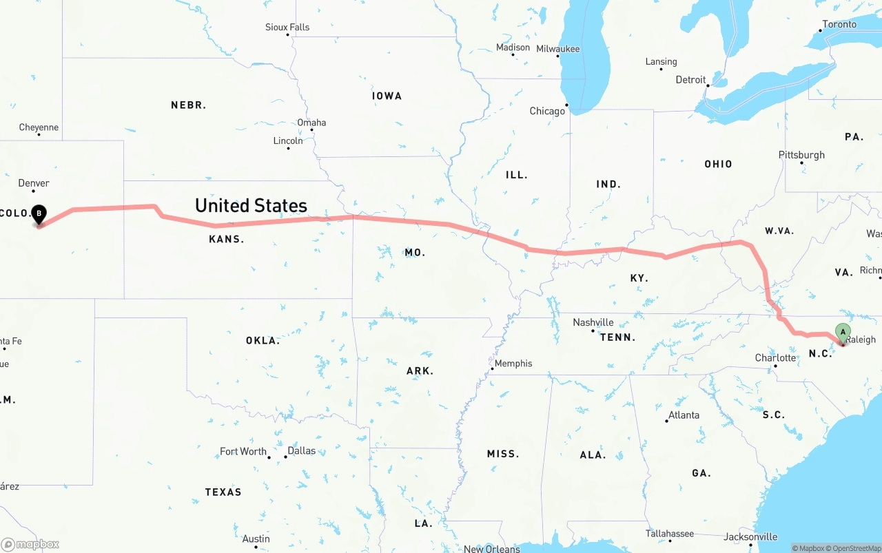 Shipping route from Raleigh to Colorado Springs
