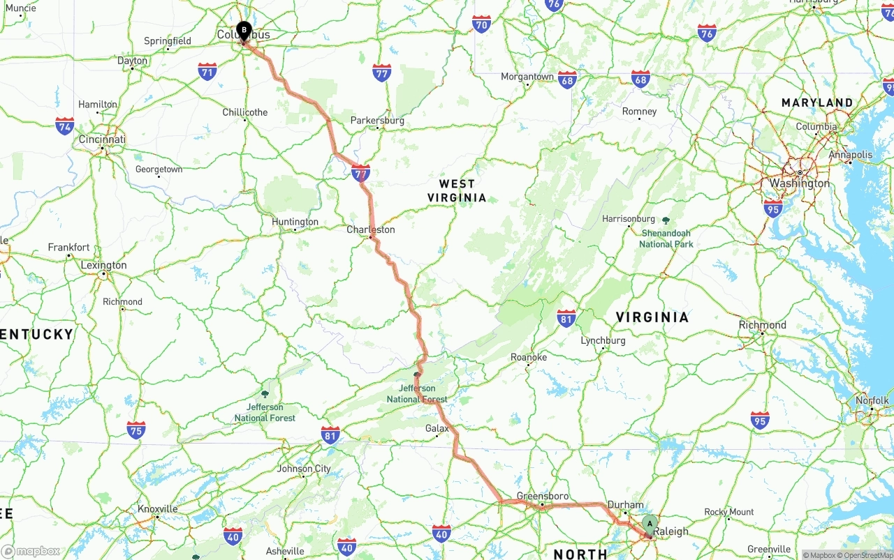 Shipping route from Raleigh to Columbus