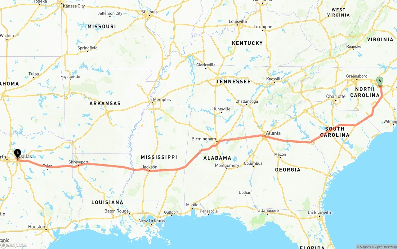 Shipping route from Raleigh to Dallas