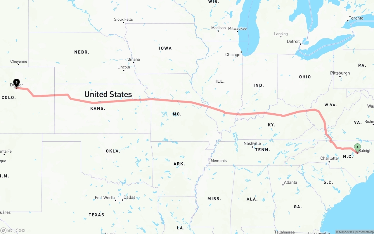 Shipping route from Raleigh to Denver