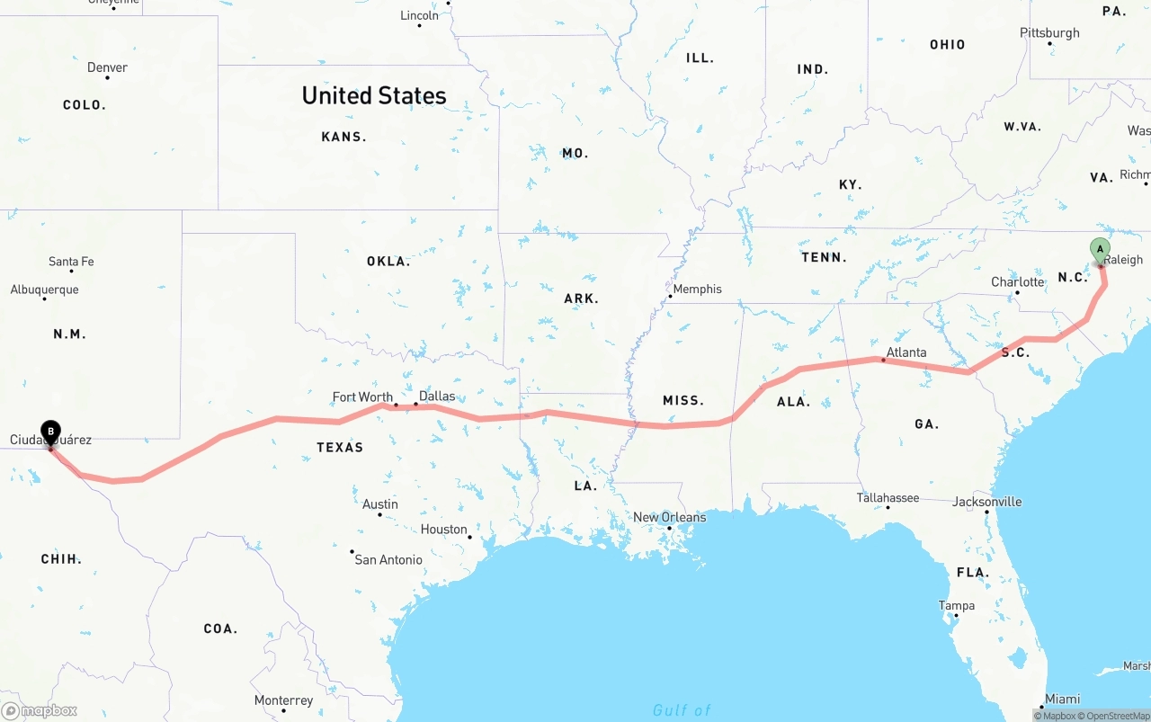 Shipping route from Raleigh to El Paso