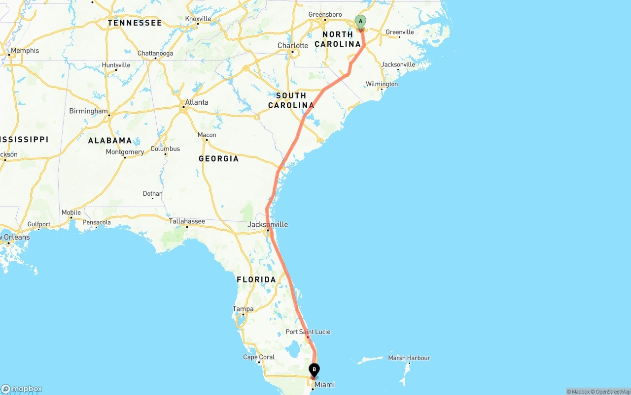 Shipping route from Raleigh to Fort Lauderdale-Hollywood International Airport
