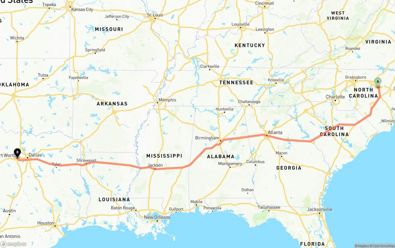 Shipping route from Raleigh to Fort Worth