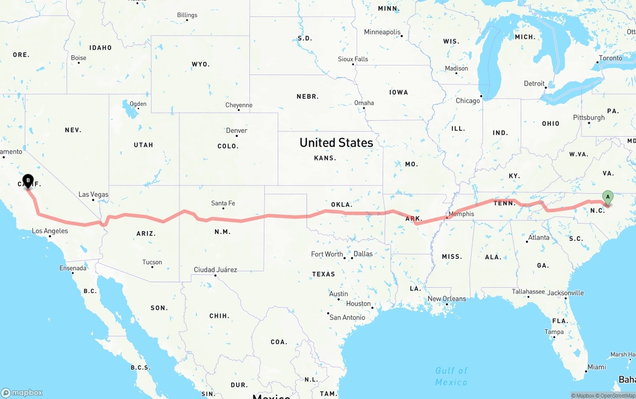 Shipping route from Raleigh to Fresno