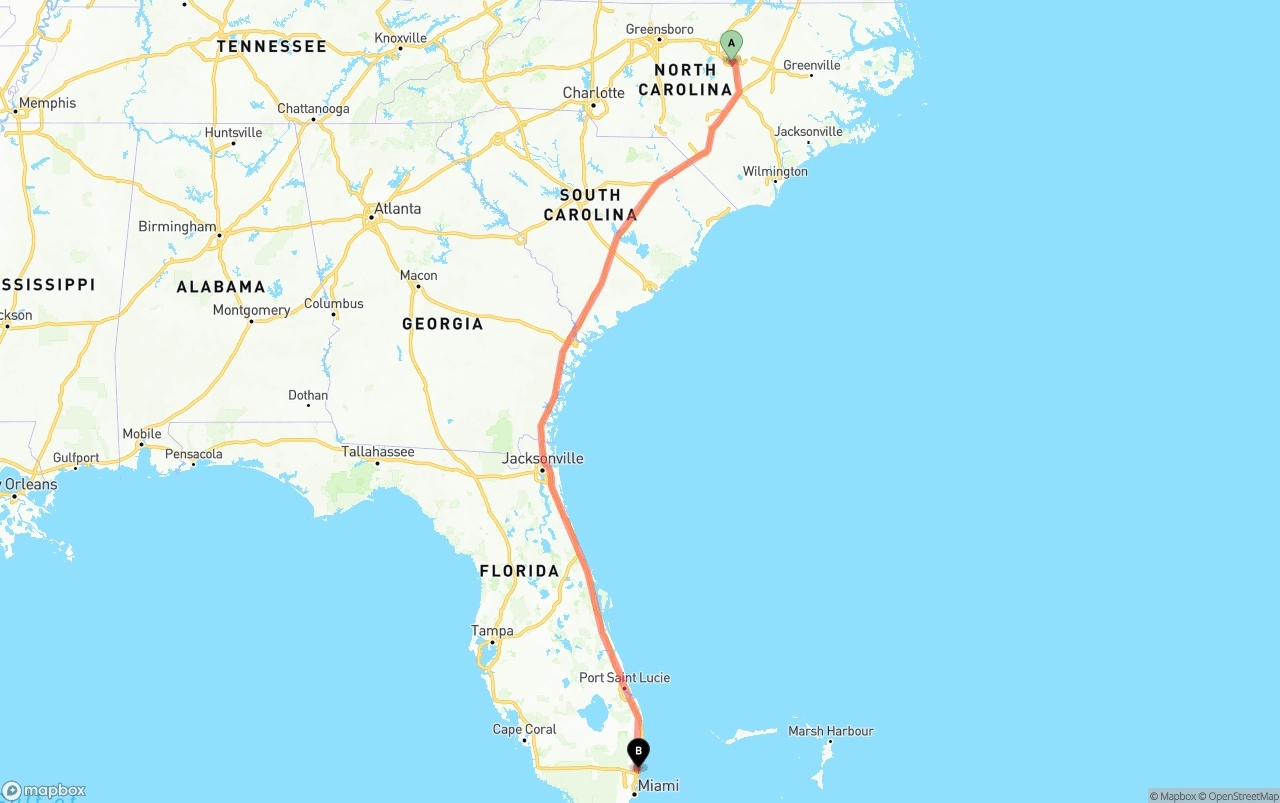 Shipping route from Raleigh to Ft. Lauderdale
