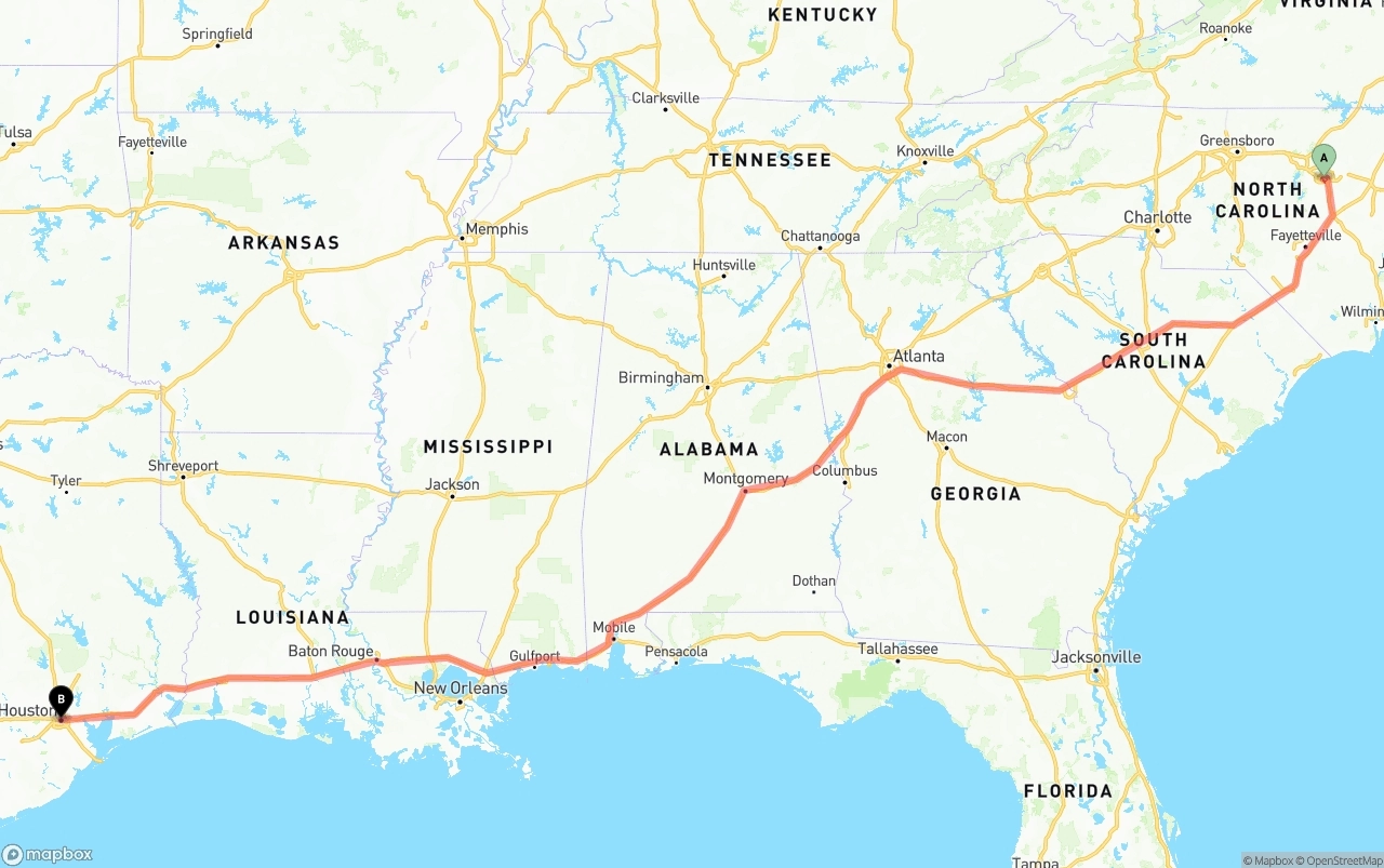 Shipping route from Raleigh to Houston