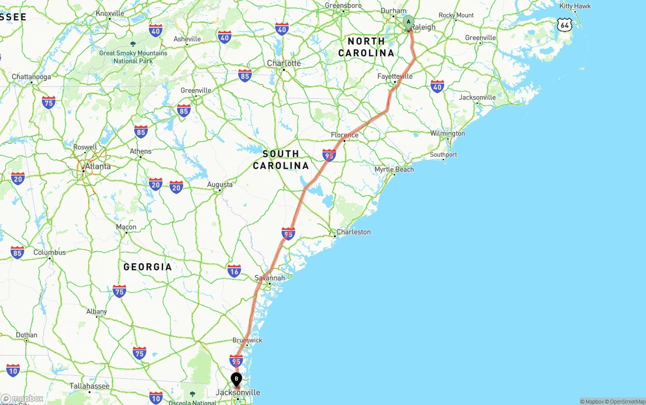 Shipping route from Raleigh to Jacksonville International Airport