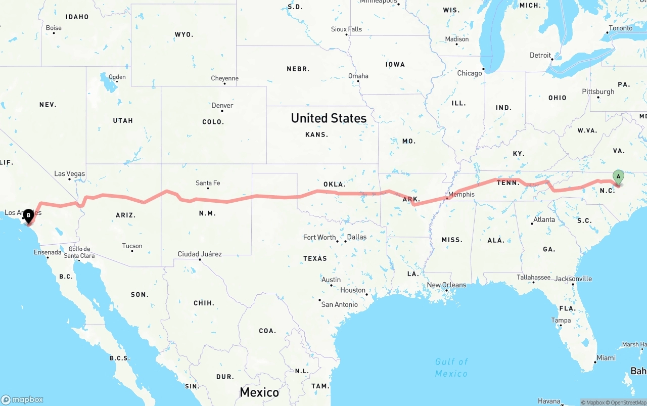 Shipping route from Raleigh to John Wayne Airport — Orange County