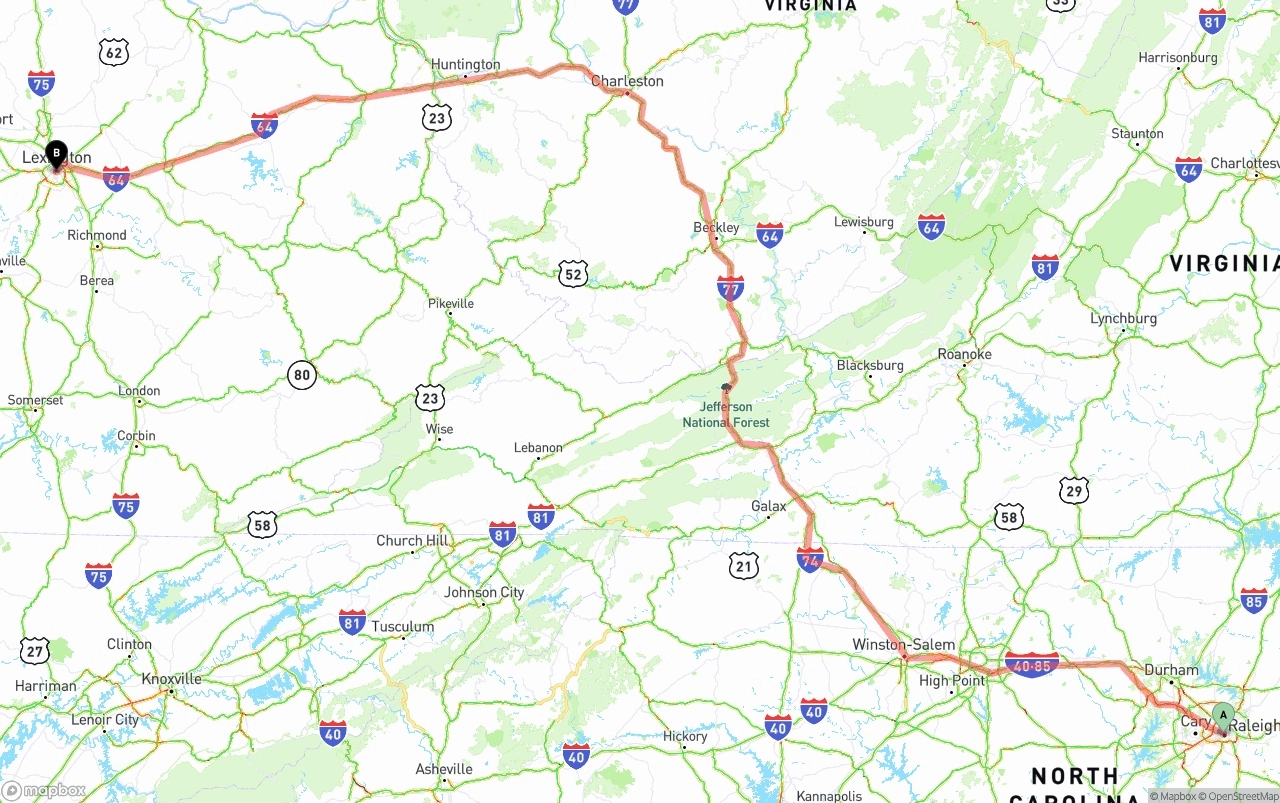 Shipping route from Raleigh to Lexington