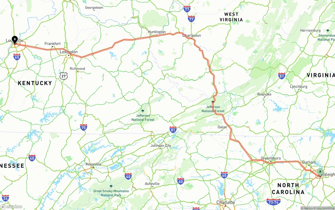 Shipping route from Raleigh to Louisville