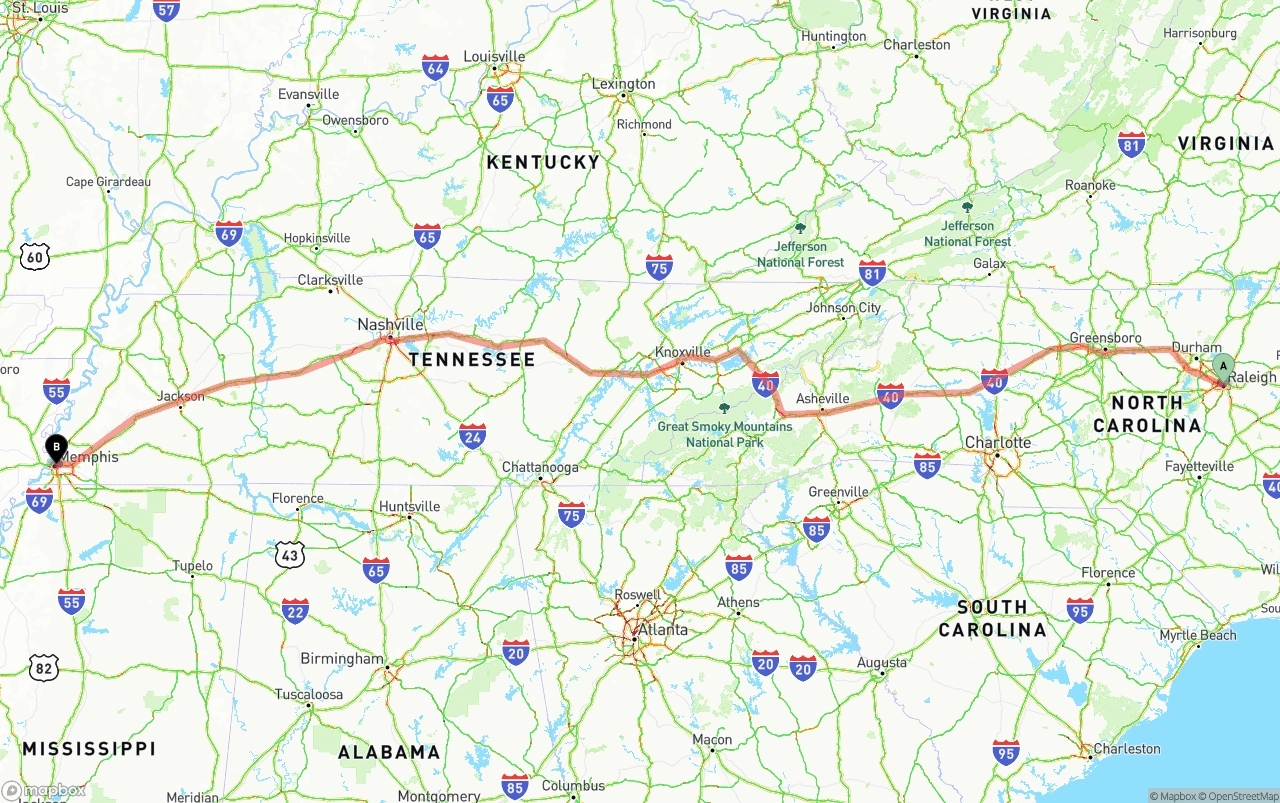 Shipping route from Raleigh to Memphis