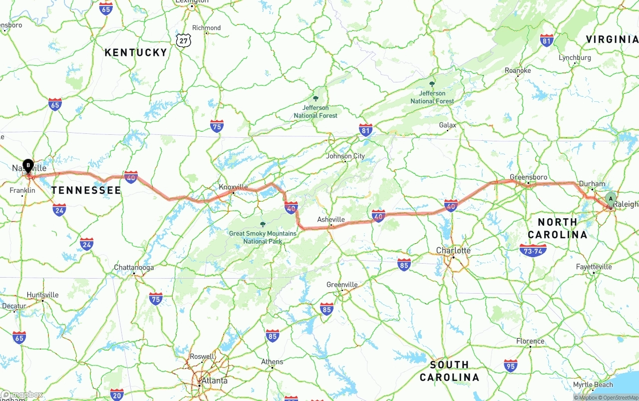 Shipping route from Raleigh to Nashville