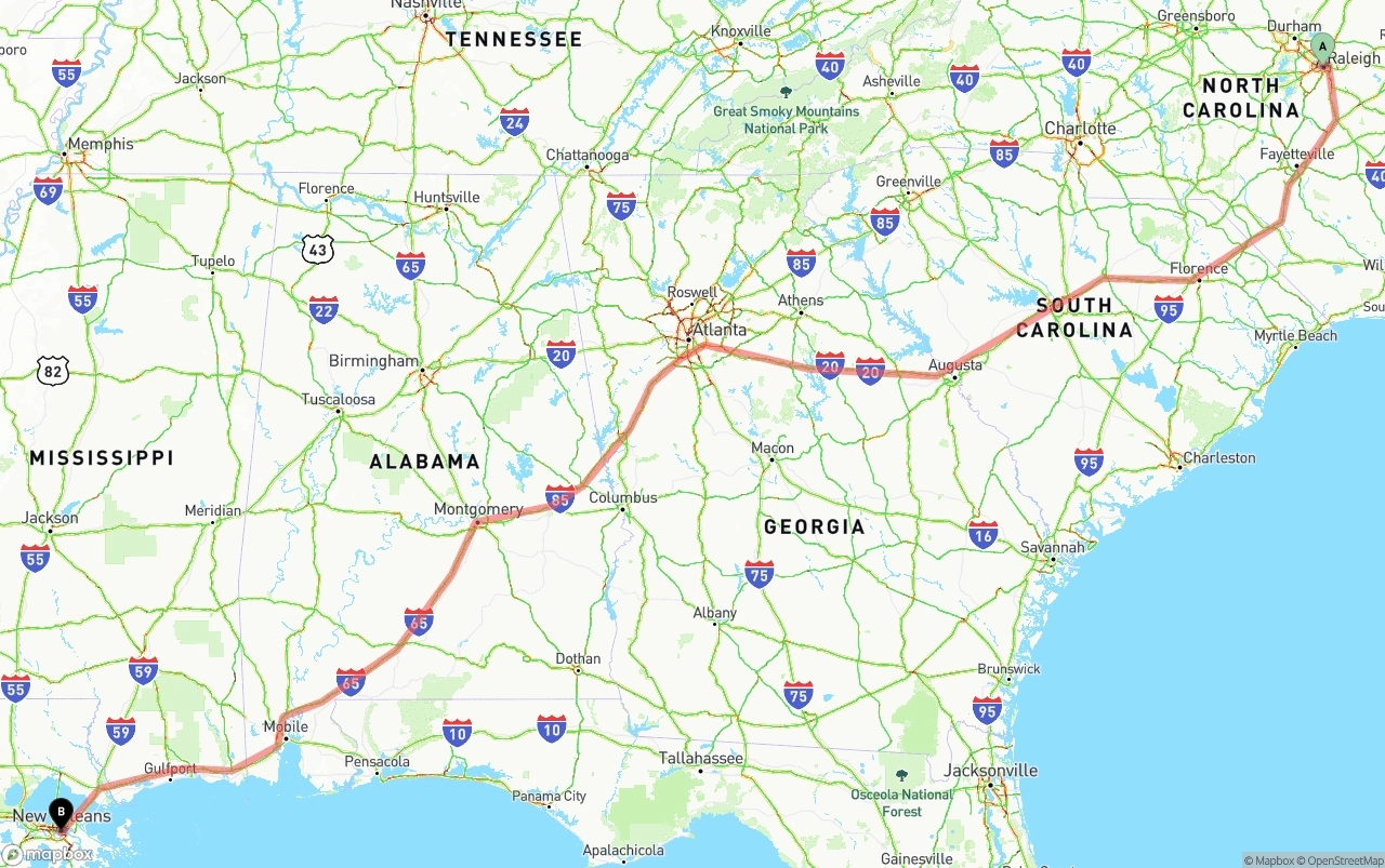 Shipping route from Raleigh to New Orleans