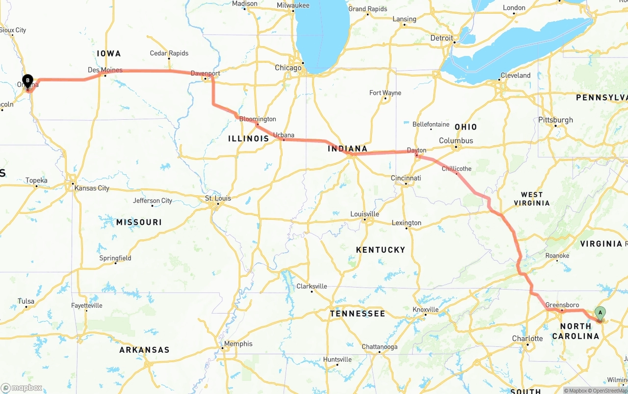 Shipping route from Raleigh to Omaha
