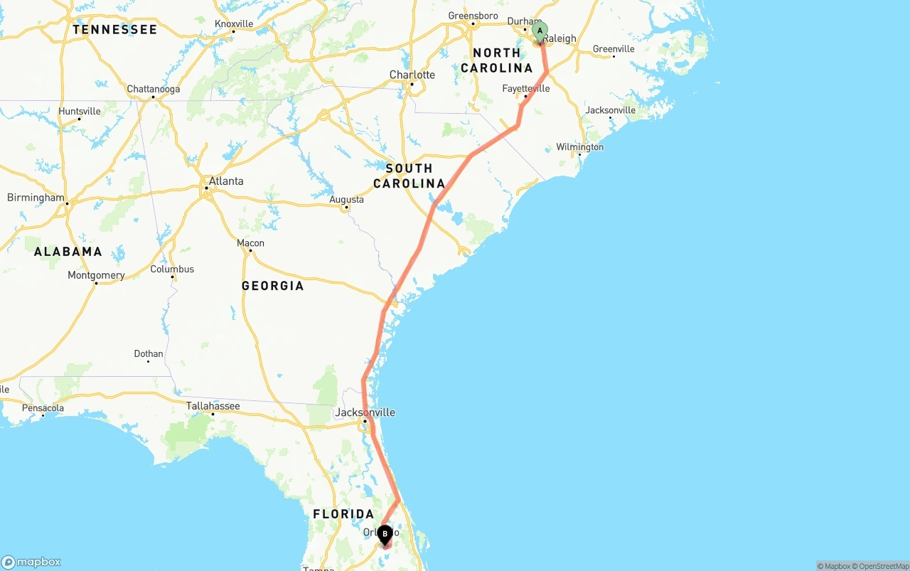 Shipping route from Raleigh to Orlando International Airport