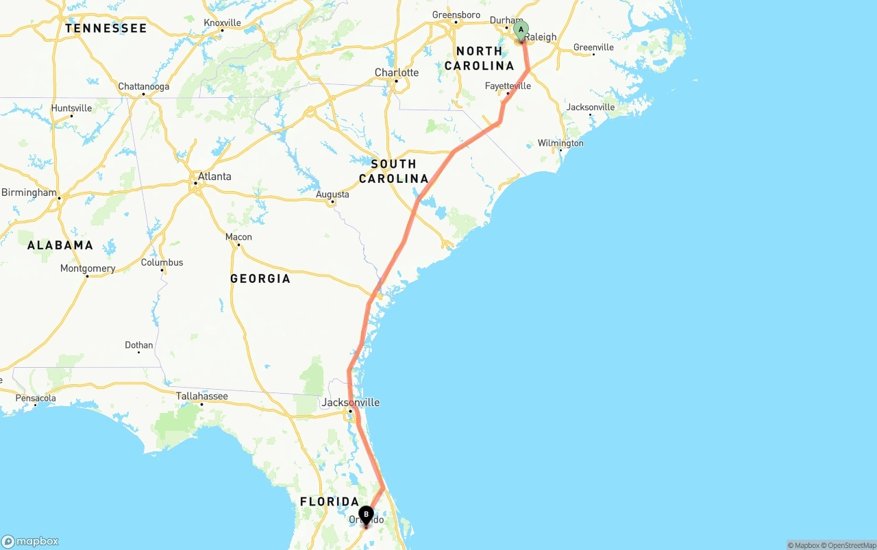 Shipping route from Raleigh to Orlando