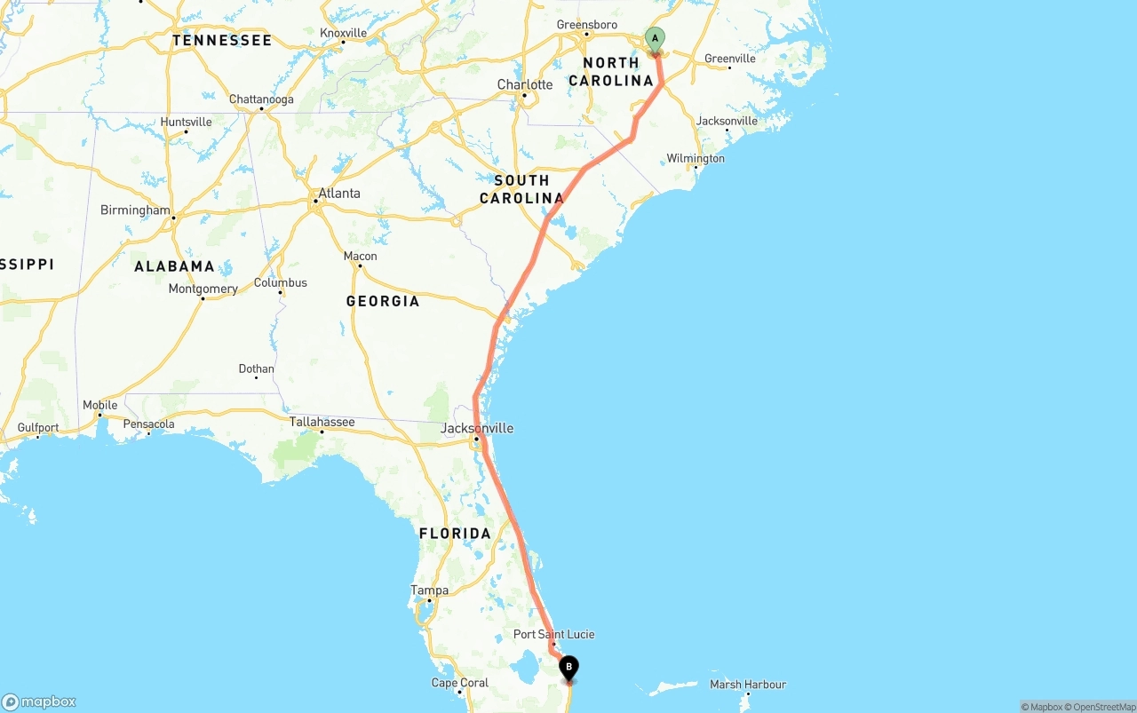 Shipping route from Raleigh to Palm Beach International Airport
