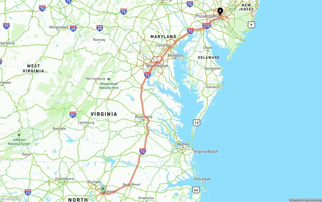 Shipping route from Raleigh to Philadelphia